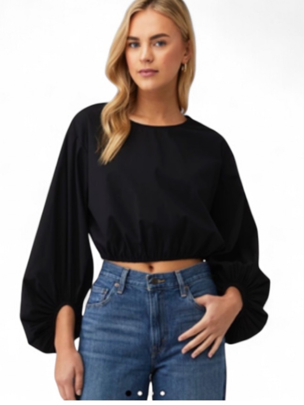 Pistola Ryan Bubble Hem Cropped Blouse | XS | Black Balloon Sleeve Top